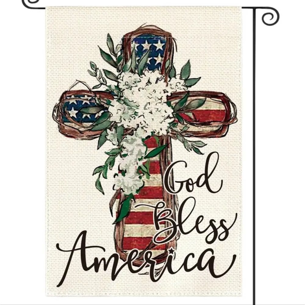 NIP “God Bless America” Burlap Double Sided Garden Flag 1pc, 12” x 18” 4th July